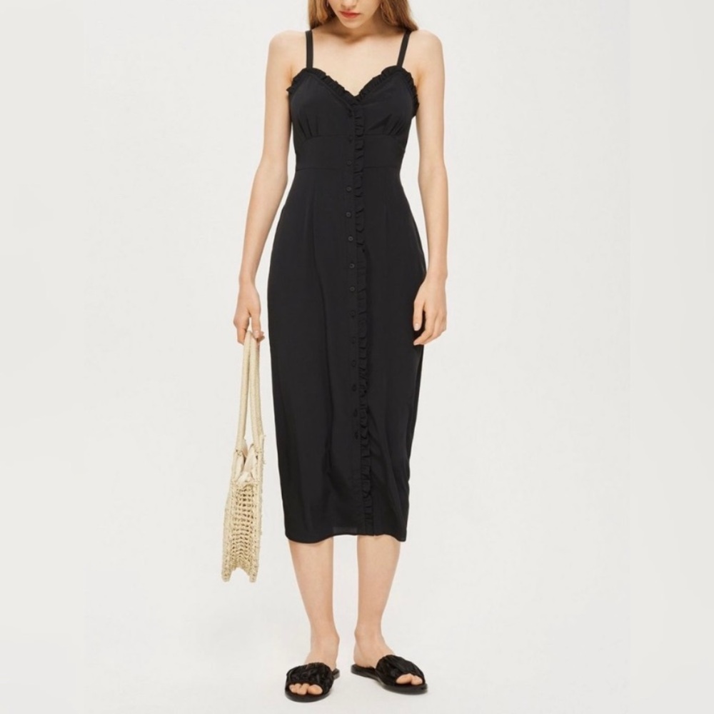 Topshop black button down sweetheart ruffle cami midi dress XS